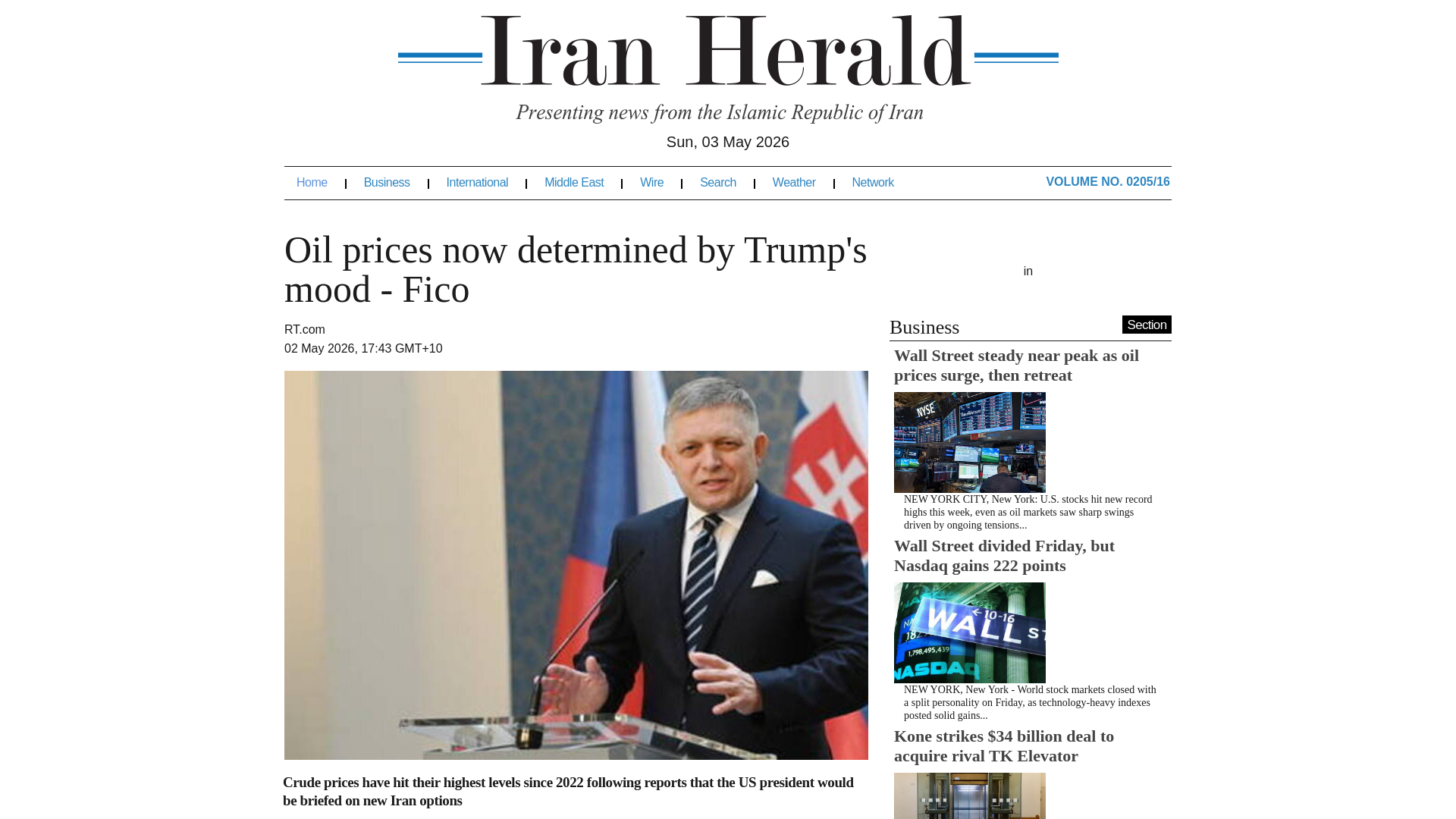 website screenshot of https://www.iranherald.com/news/279025637/oil-prices-now-determined-by-trump-mood-fico