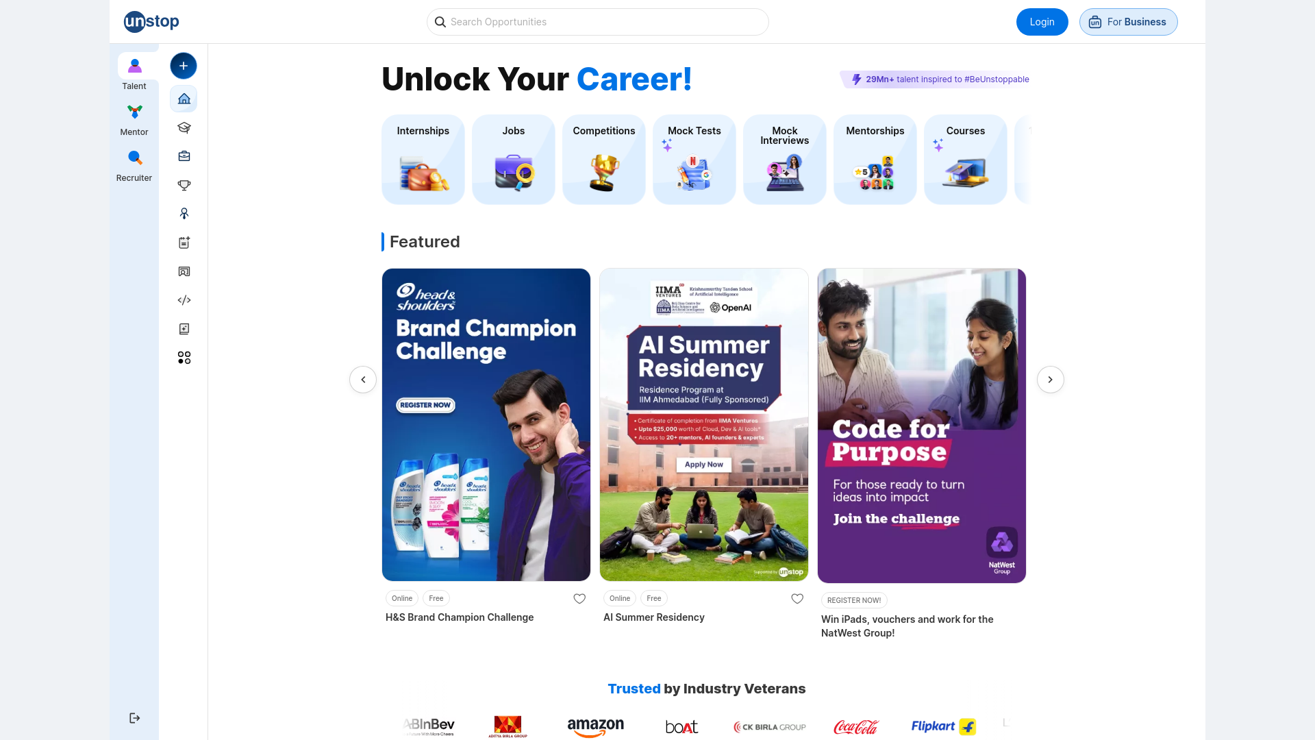 website screenshot of https://unstop.com