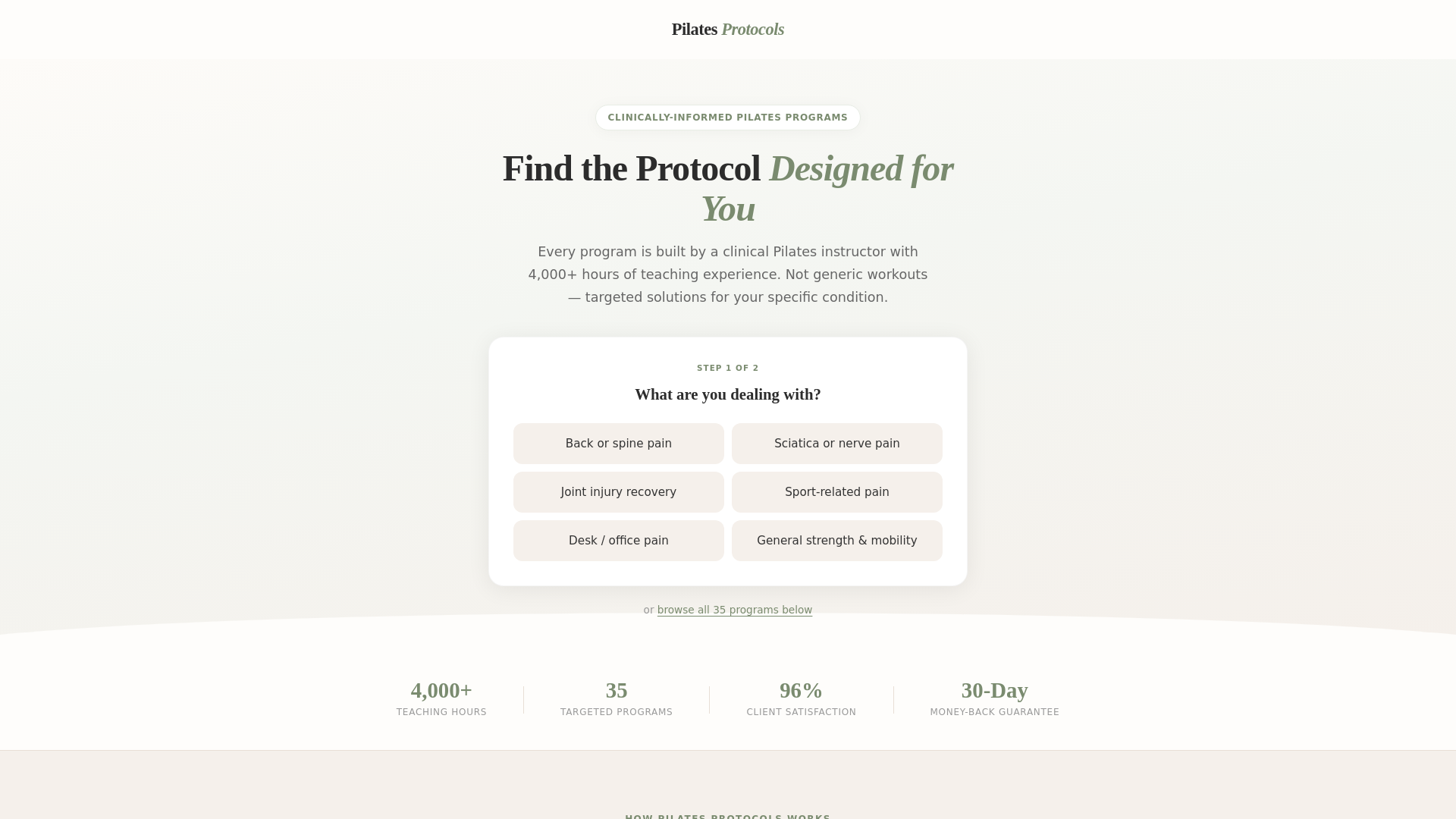 website screenshot of https://pilates-protocols.pages.dev/
