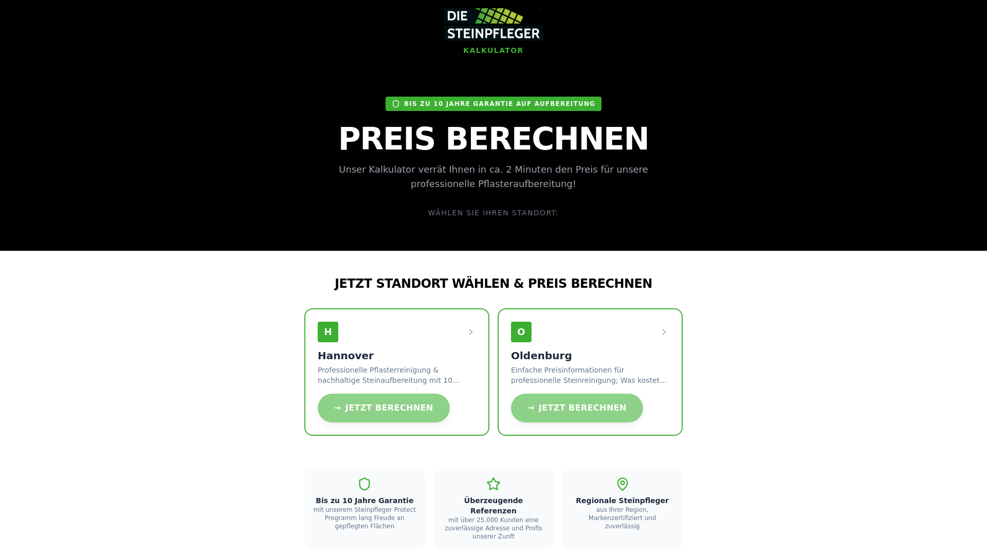 website screenshot of https://die-steinpfleger-kalkulator.com/