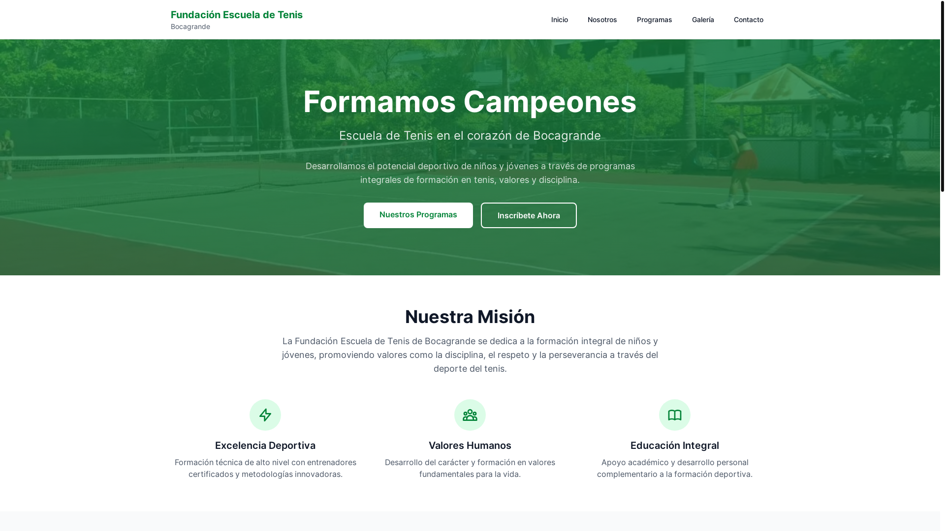 website screenshot of https://fundacionescueladetenisdebocagrande.co/