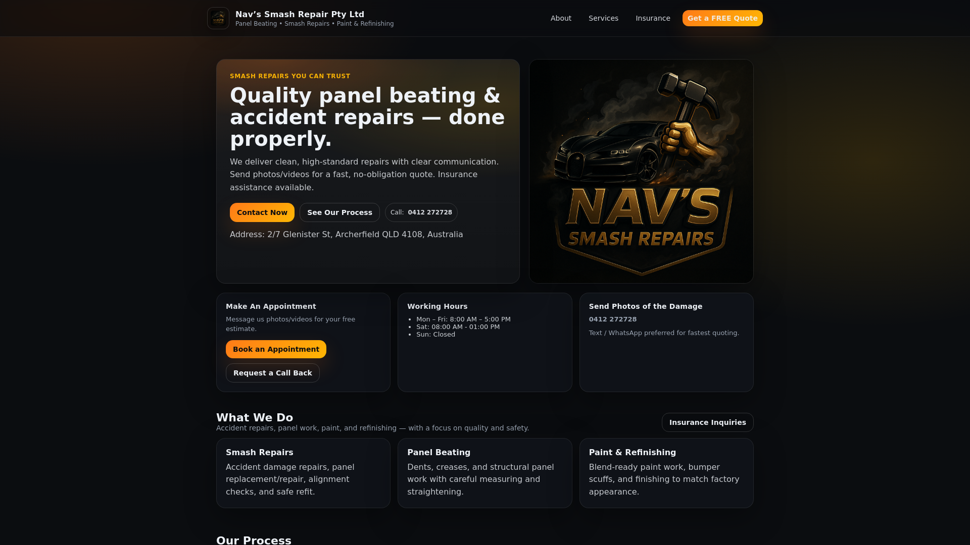 website screenshot of https://navssmashrepair.com/