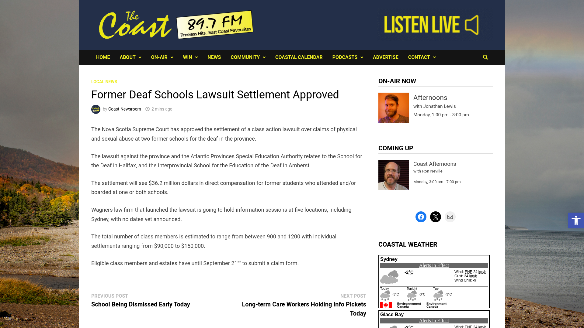 website screenshot of https://coastalradio.ca/former-deaf-schools-lawsuit-settlement-approved/