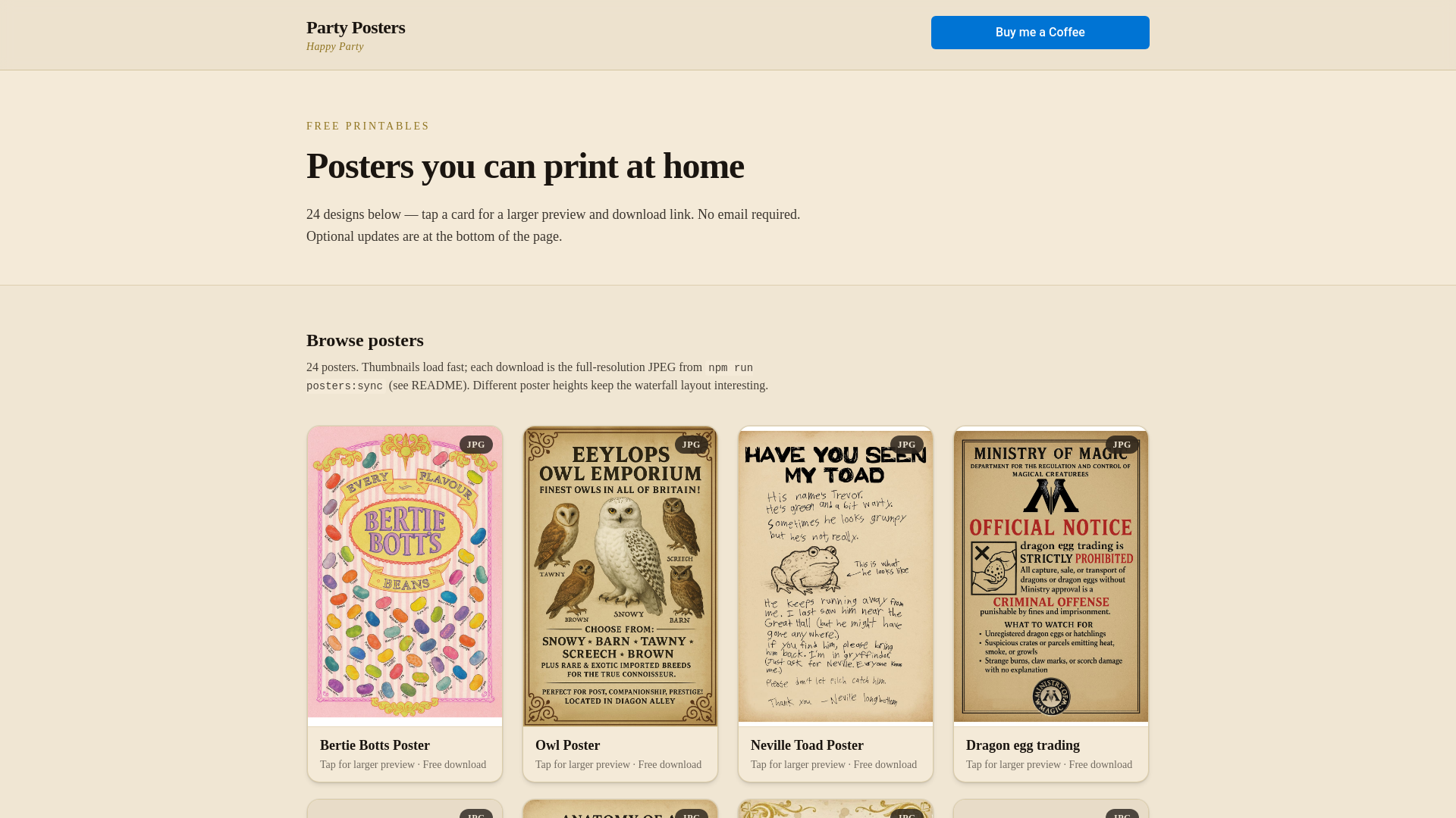 website screenshot of https://partypostershp.com/