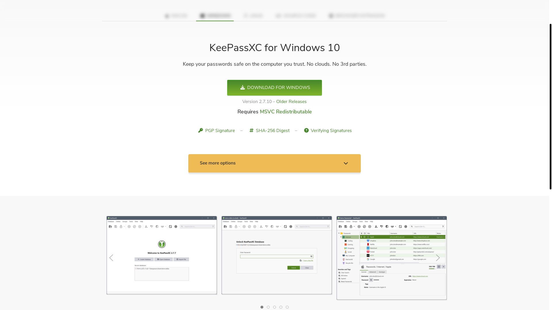 website screenshot of https://keepassxc.org/download/#windows
