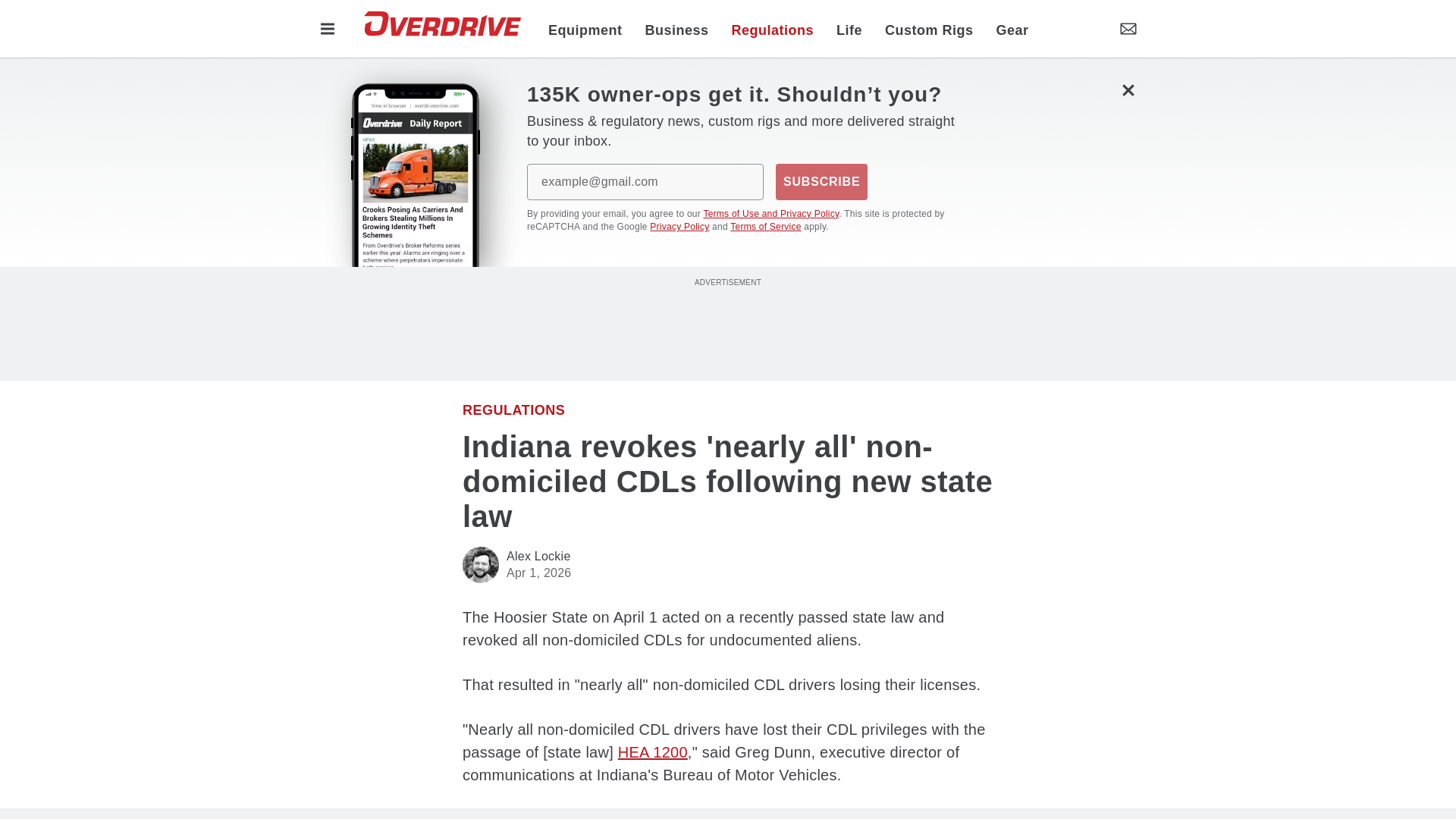 website screenshot of https://www.overdriveonline.com/regulations/article/15821166/indiana-revokes-nearly-all-nondomiciled-cdls-following-new-state-law