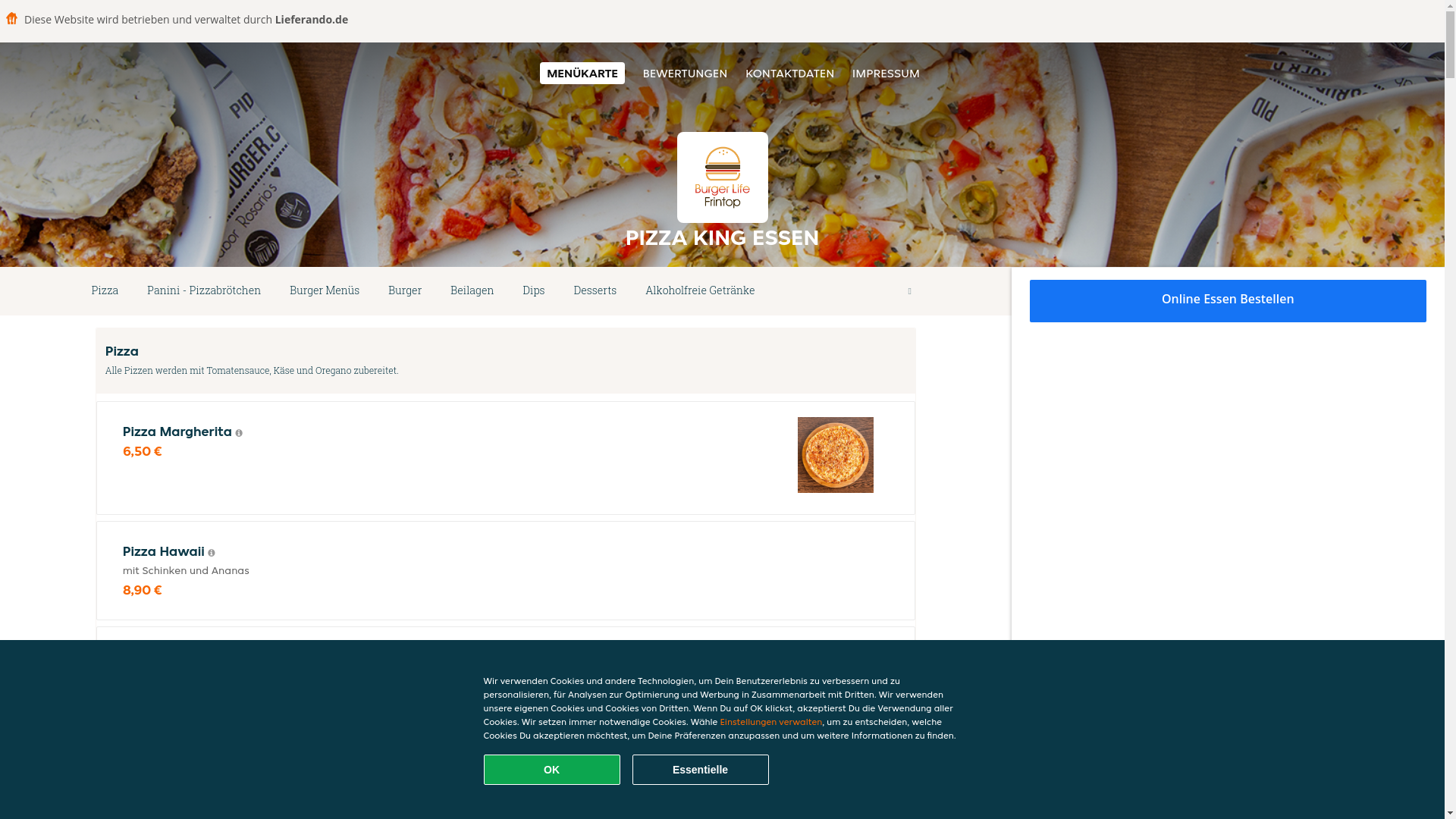 website screenshot of https://pizzakingessen.de/