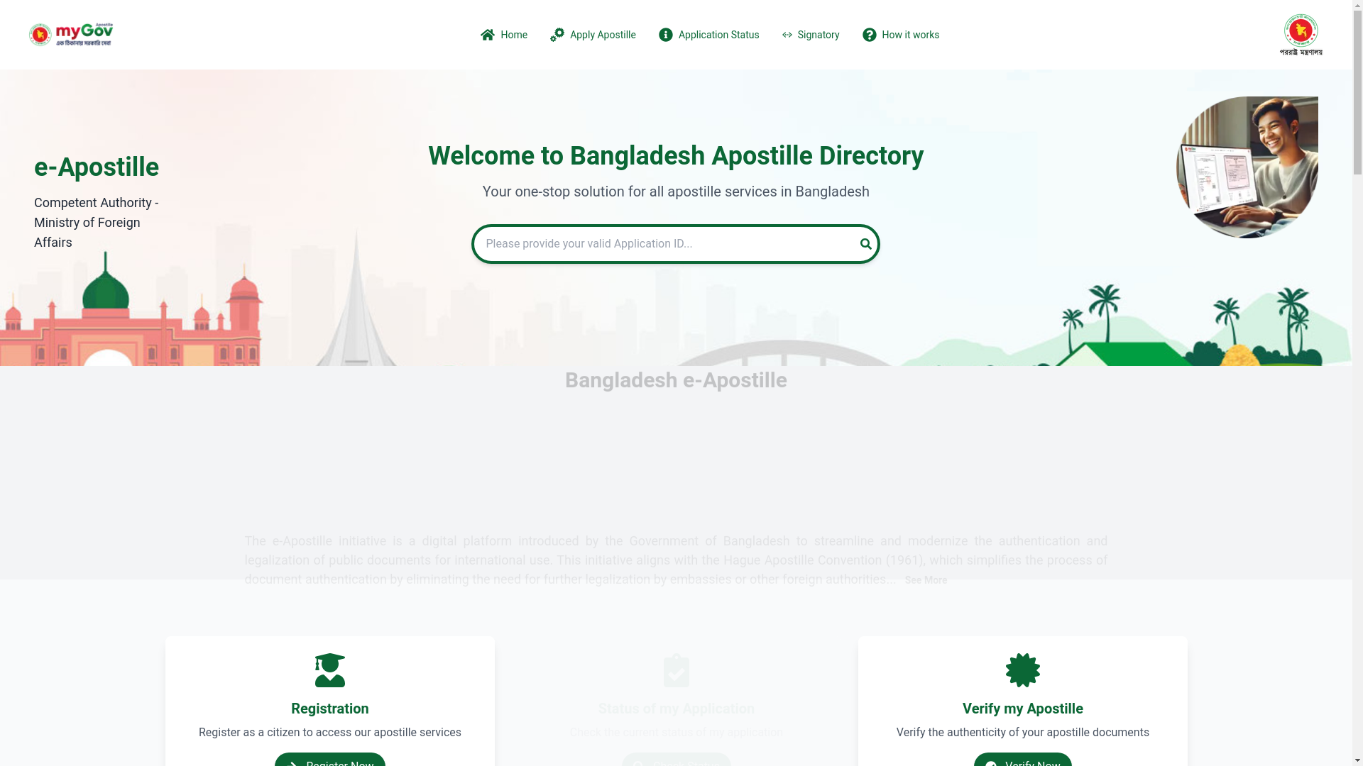 website screenshot of https://mofa-servicedirectory.apostille.mygov.bd/