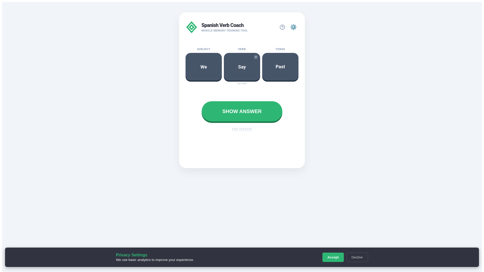 website screenshot of https://spanishverbcoach.com/