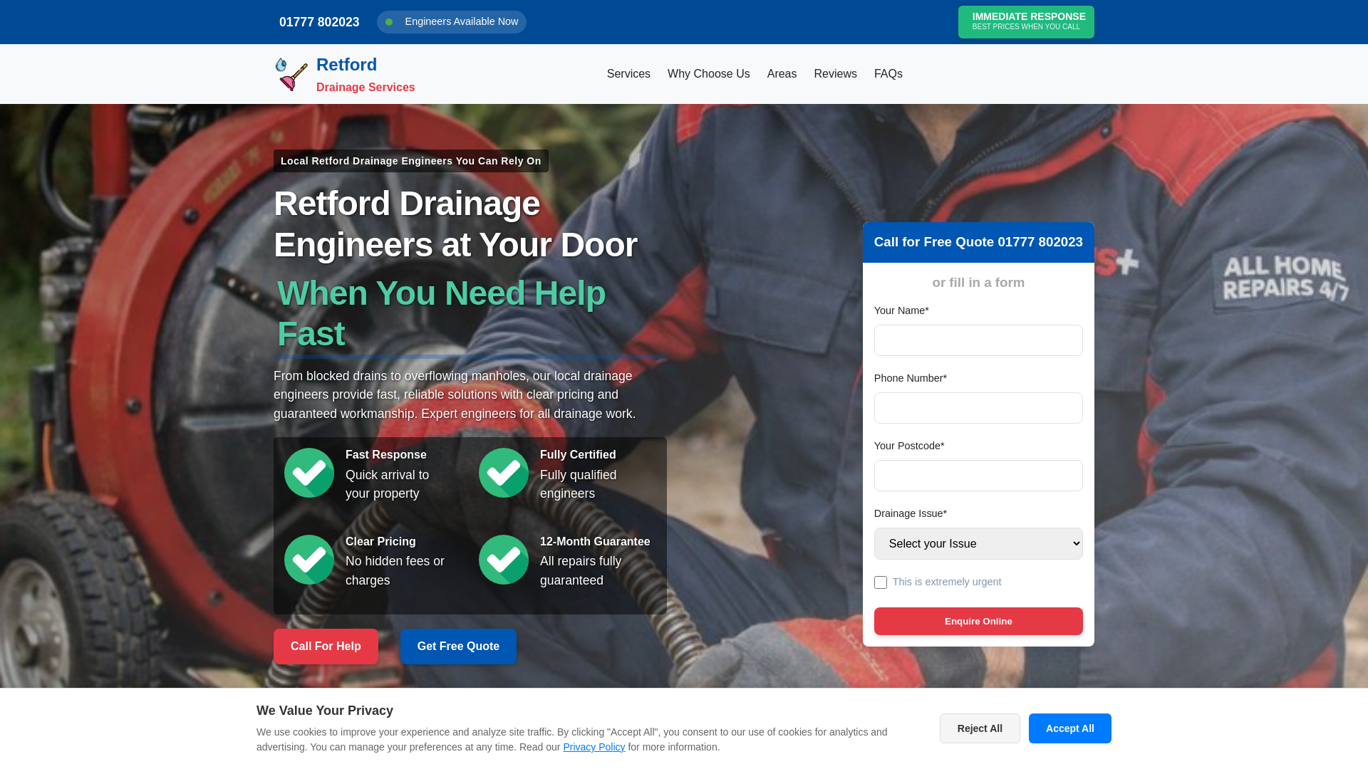 website screenshot of https://retfordemergencydrainage.co.uk