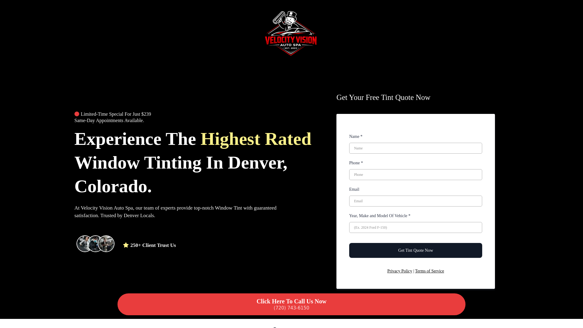 website screenshot of https://velocityvisionwindowtint.com/