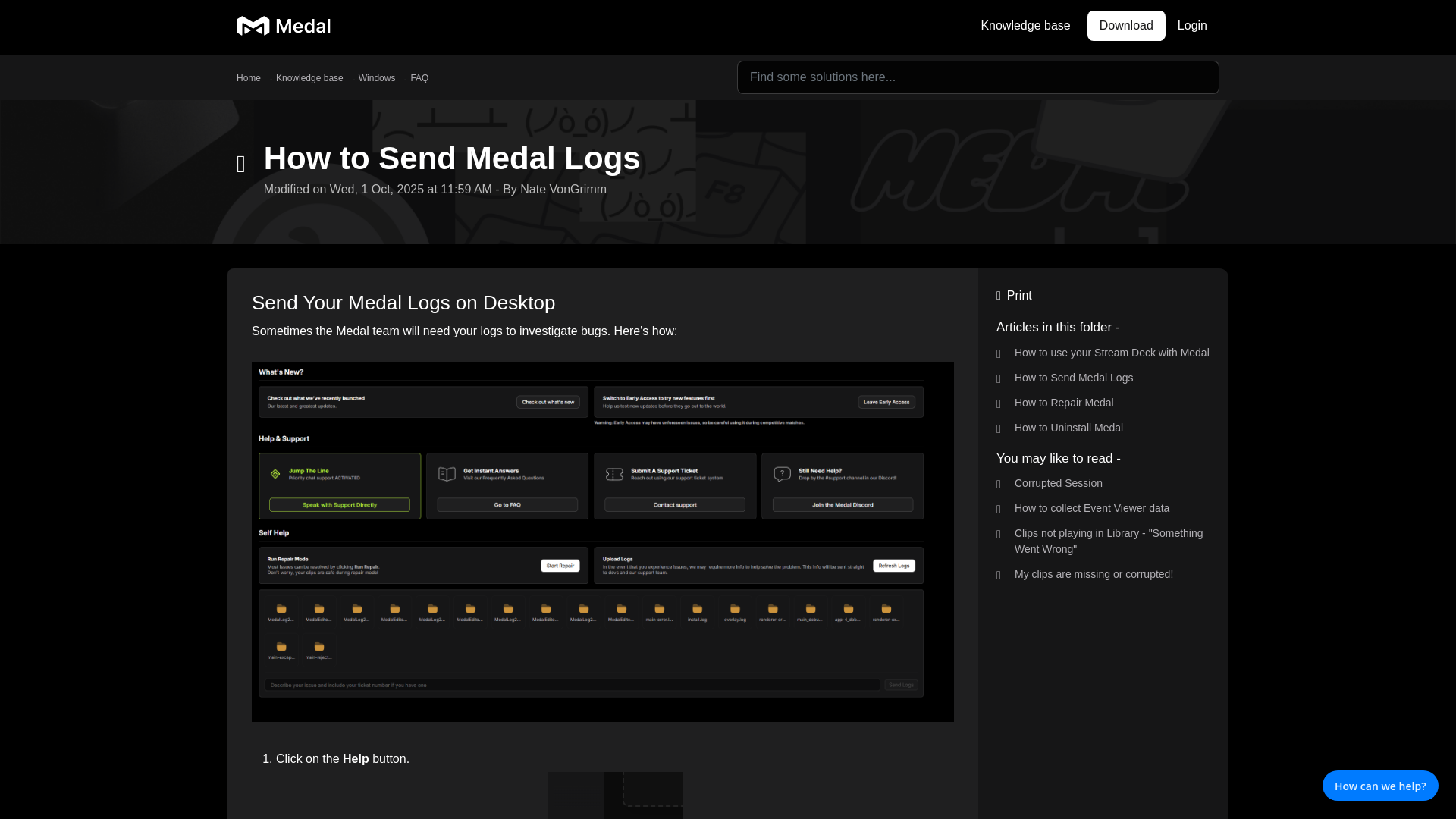 website screenshot of https://support.medal.tv/support/solutions/articles/48000922114-how-to-send-medal-logs