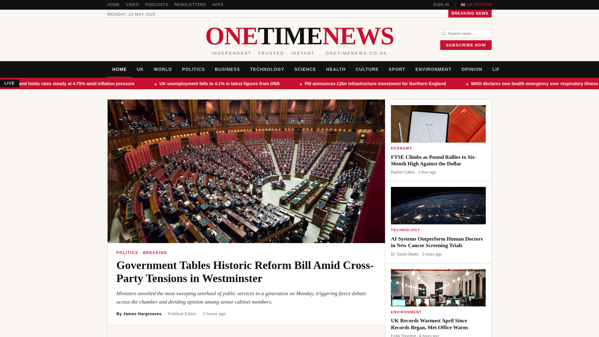 website screenshot of https://onetimenews.co.uk/