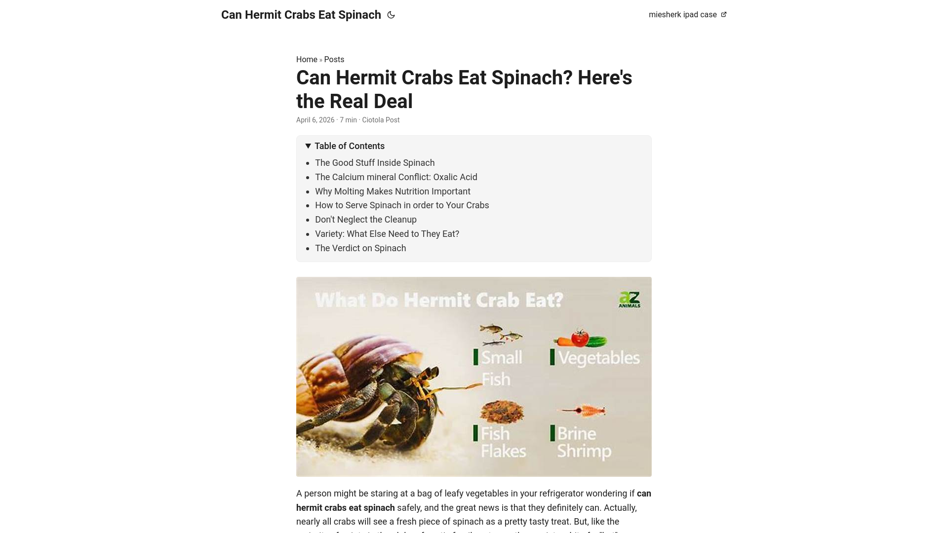 website screenshot of https://can-hermit-crabs-eat-spinach.pages.dev/