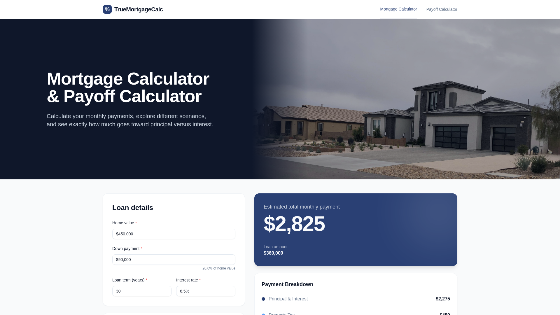 website screenshot of https://truemortgagecalc.com/
