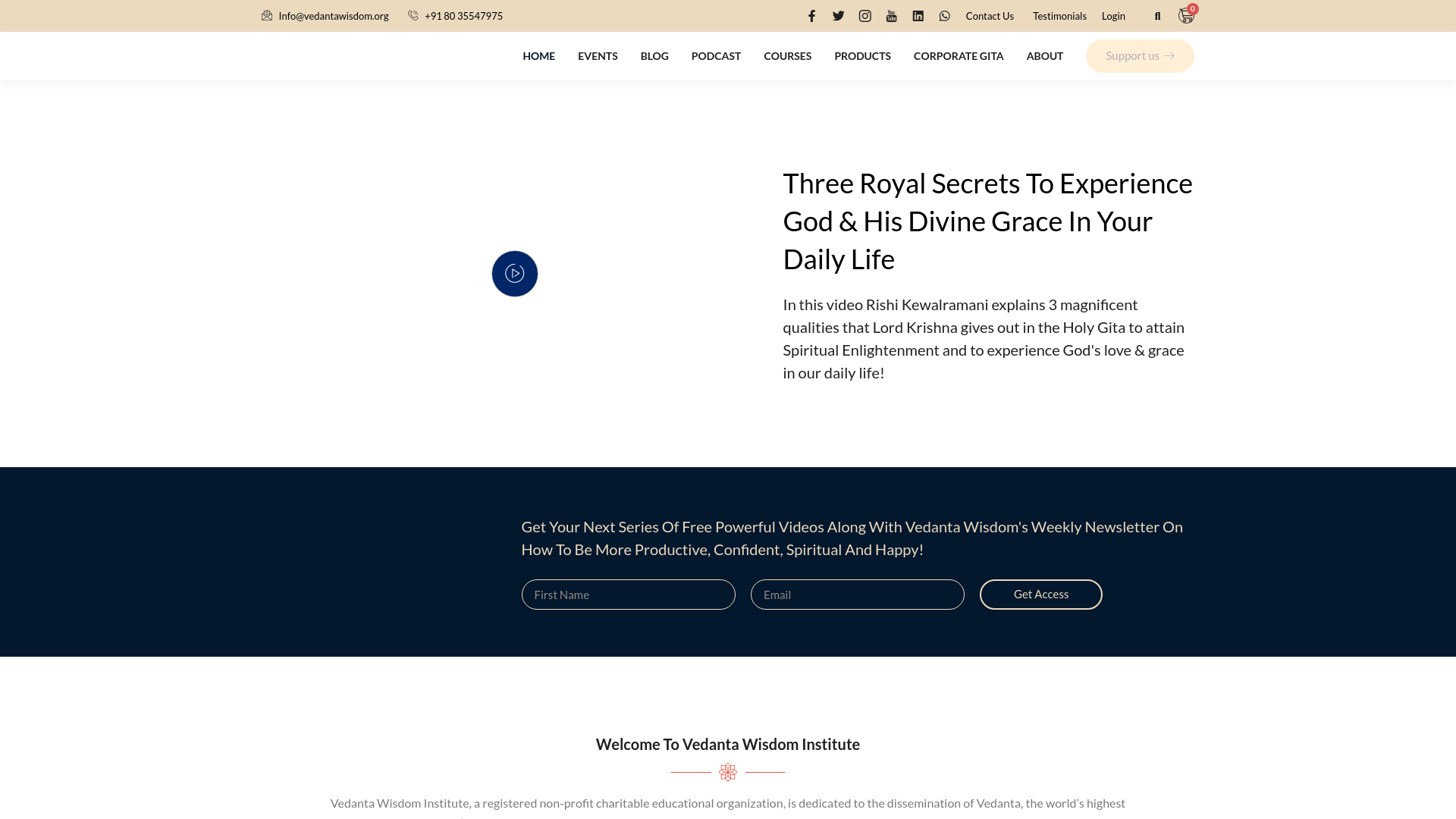 website screenshot of https://vedantawisdom.org