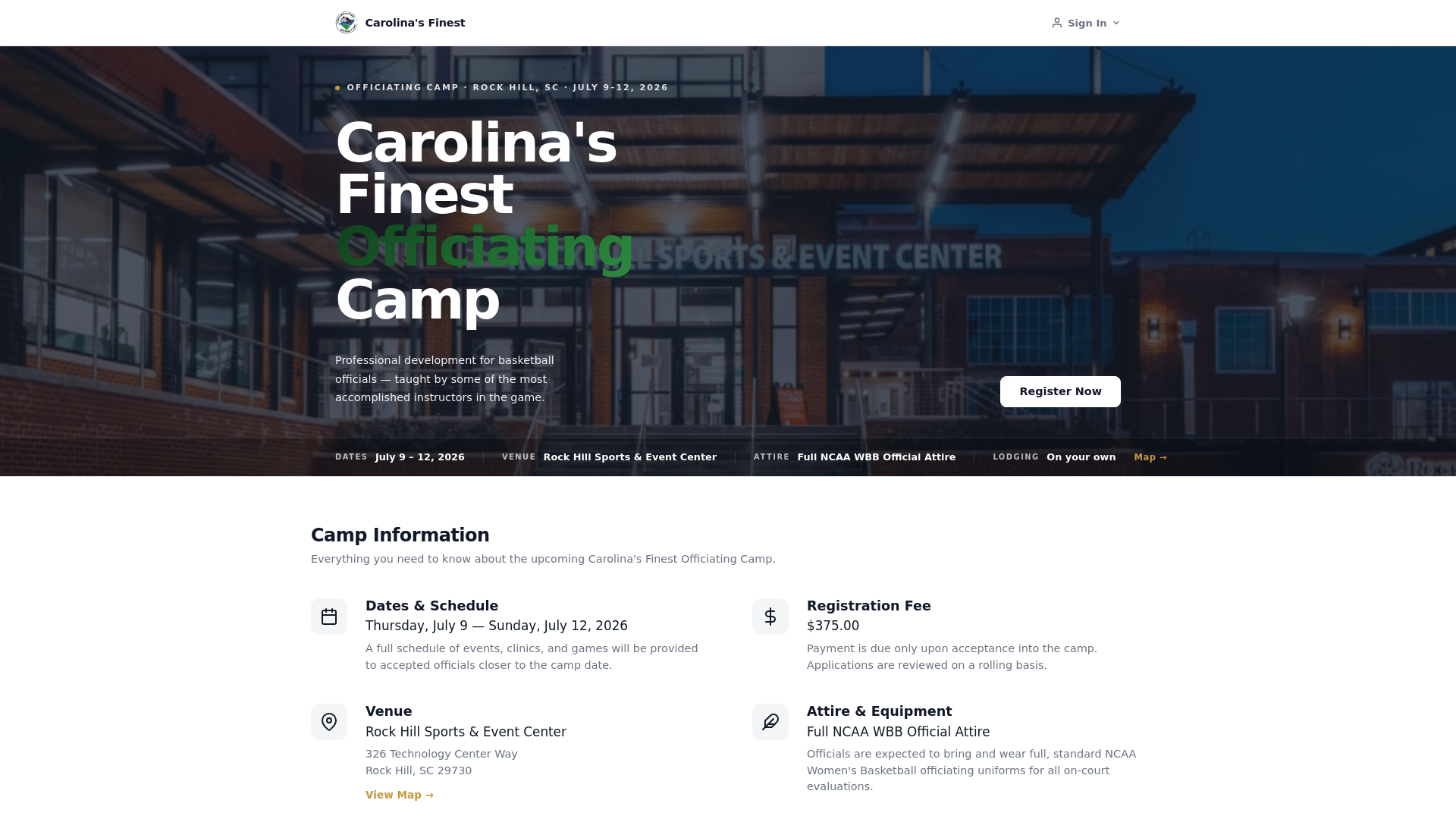 website screenshot of https://carolinasfinestofficiatingcamp.com