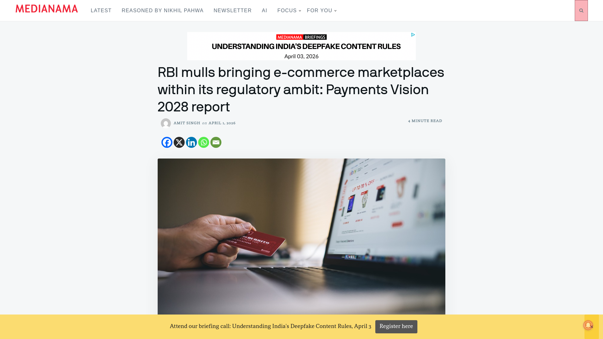 website screenshot of https://www.medianama.com/2026/04/223-rbi-payments-ecosystem-vision-2028-ecommerce-regulation/