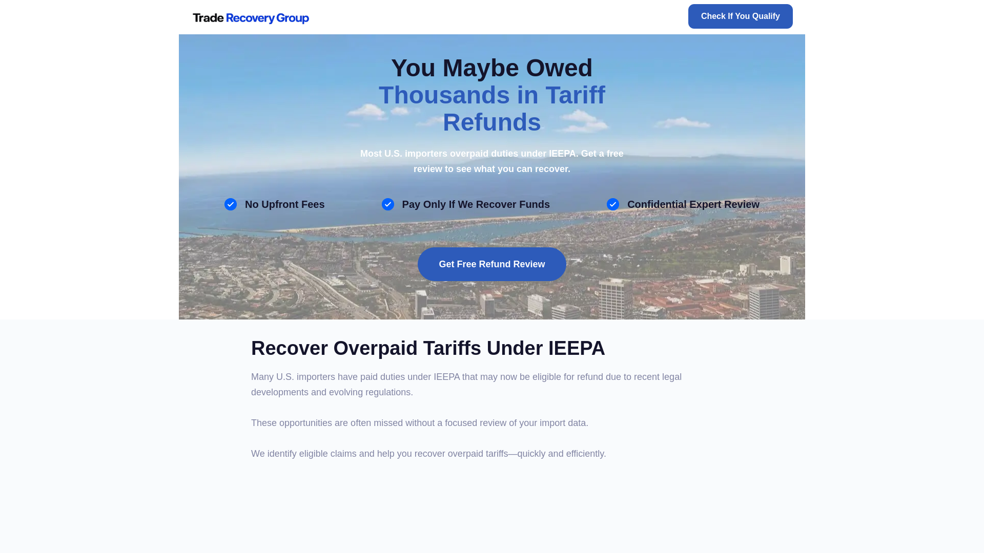 website screenshot of https://traderecoverygroup.com/