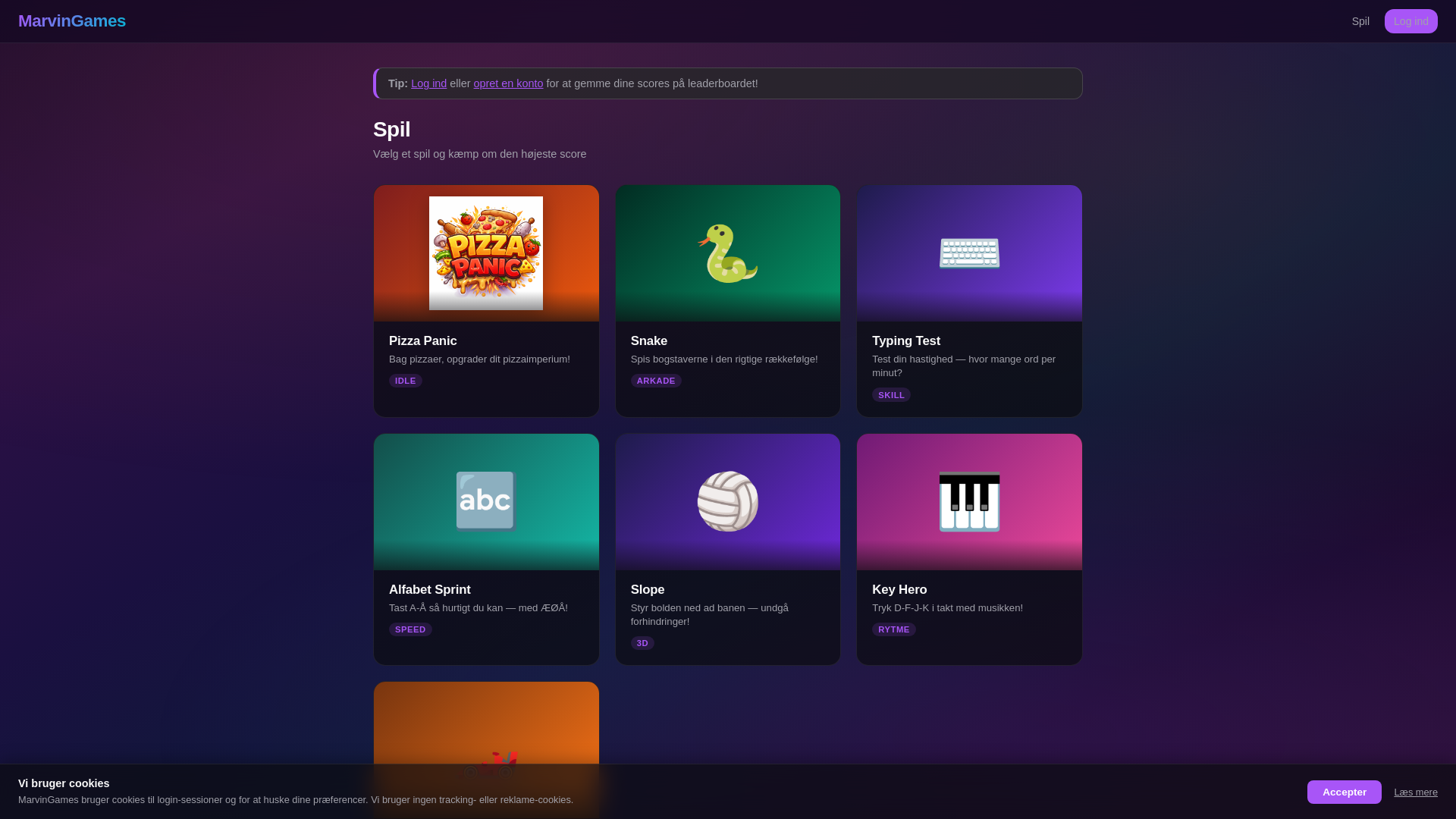 website screenshot of https://marvingames.dk
