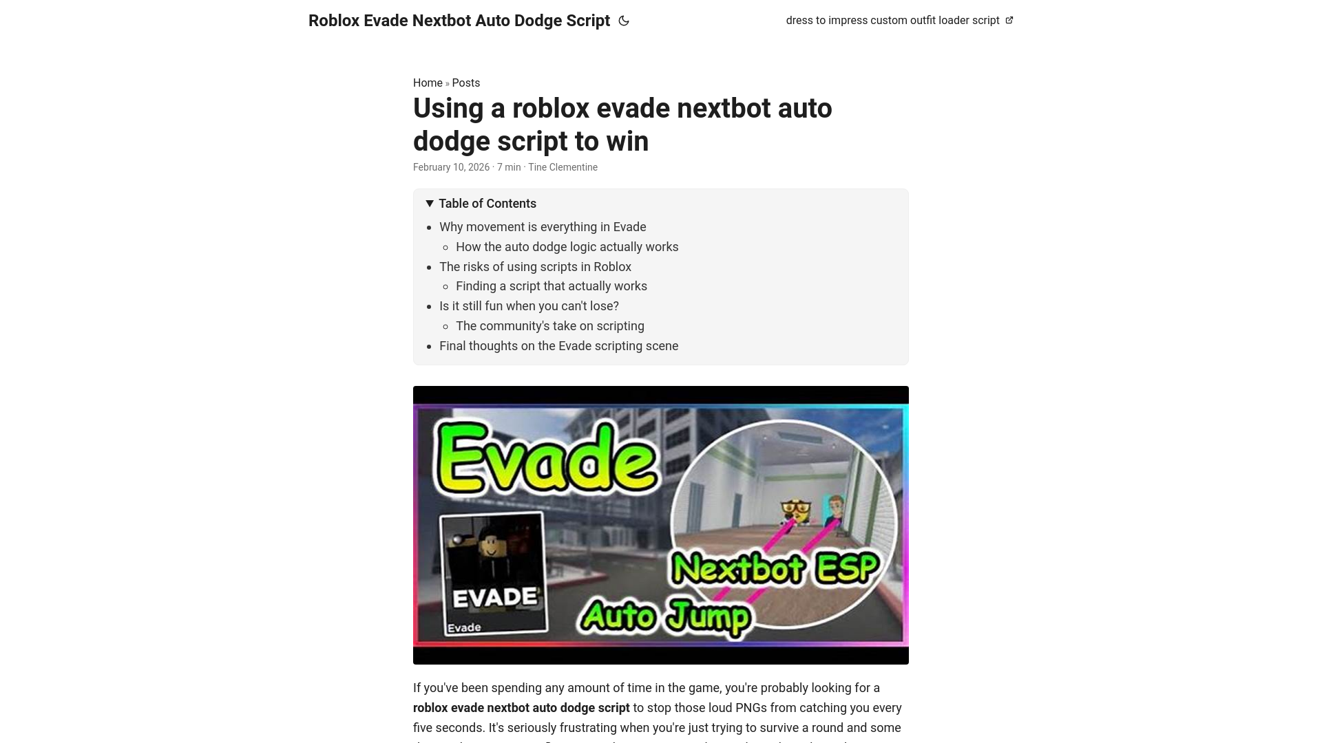 website screenshot of https://roblox-evade-nextbot-auto-dodge-script.pages.dev/