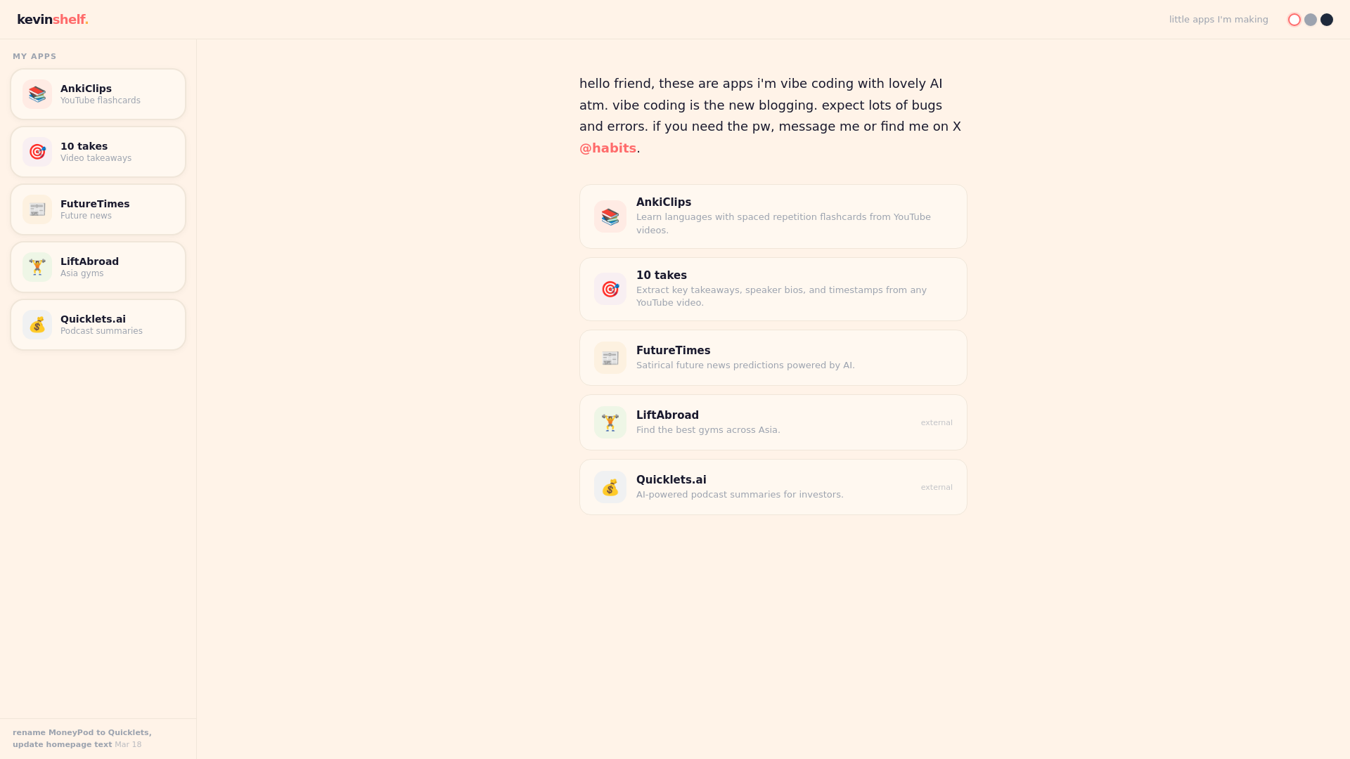 website screenshot of https://kevinshelf.com/