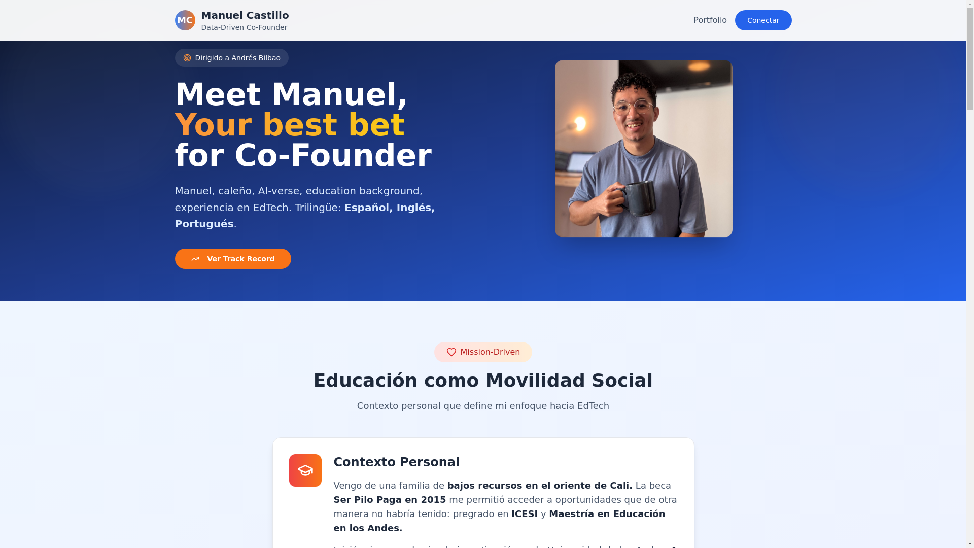 website screenshot of https://meetmanuelyournextcofounder.com/