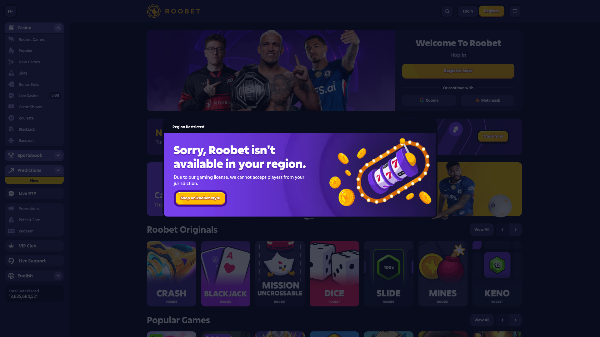 website screenshot of https://roobet-rewards.com