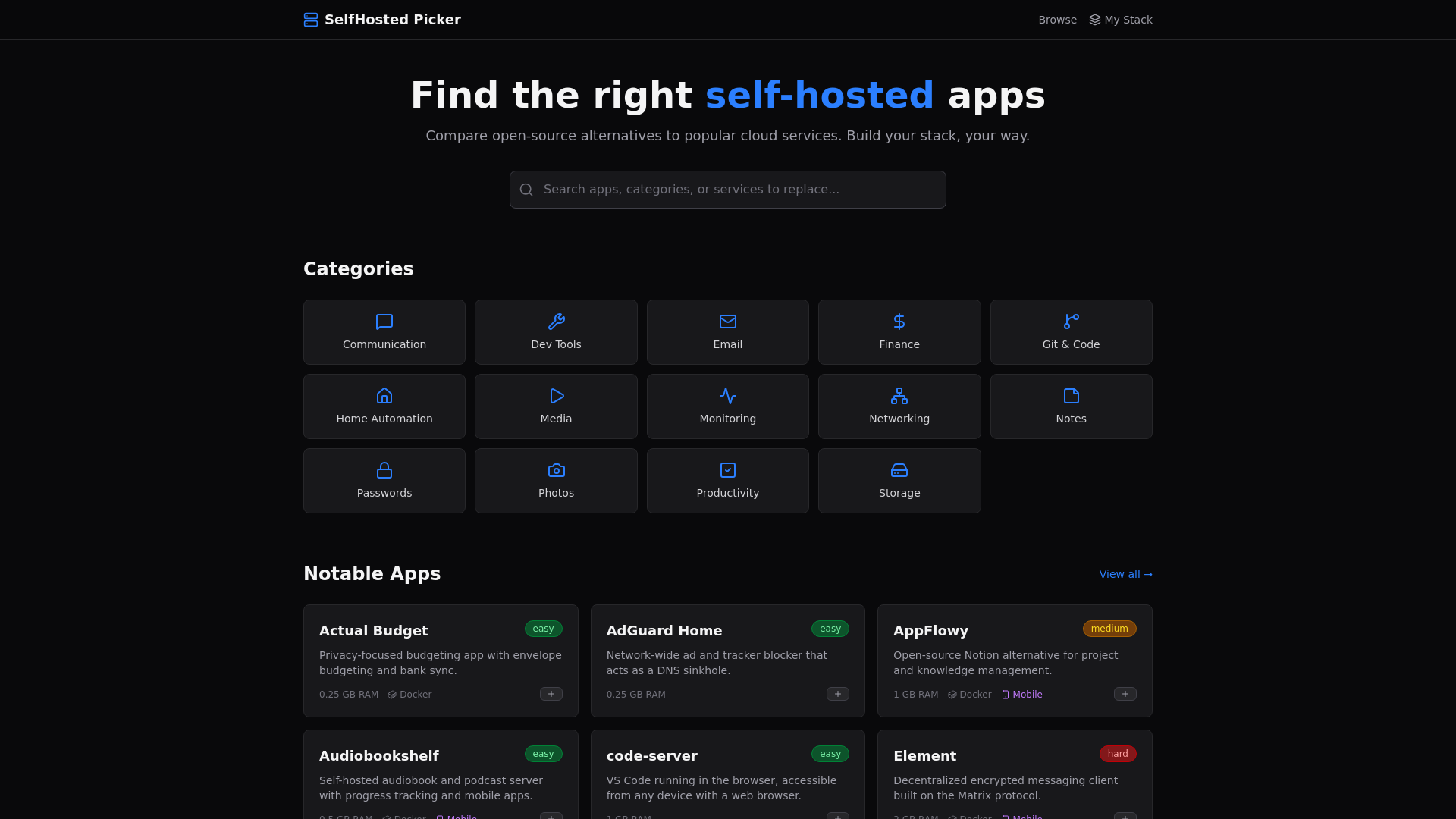 website screenshot of https://selfhostedpicker.pages.dev/