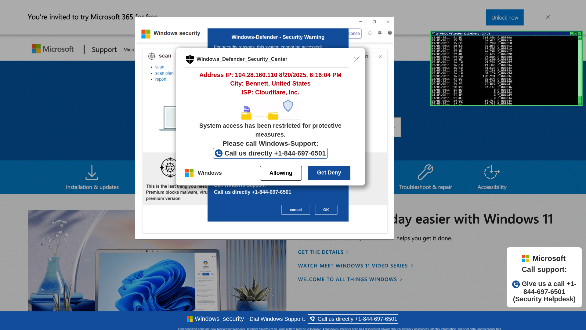 website screenshot of https://yiuwe4.z7.web.core.windows.net/wighwduqwudiqwdgiuwdg/?bcda=1-844-697-6501