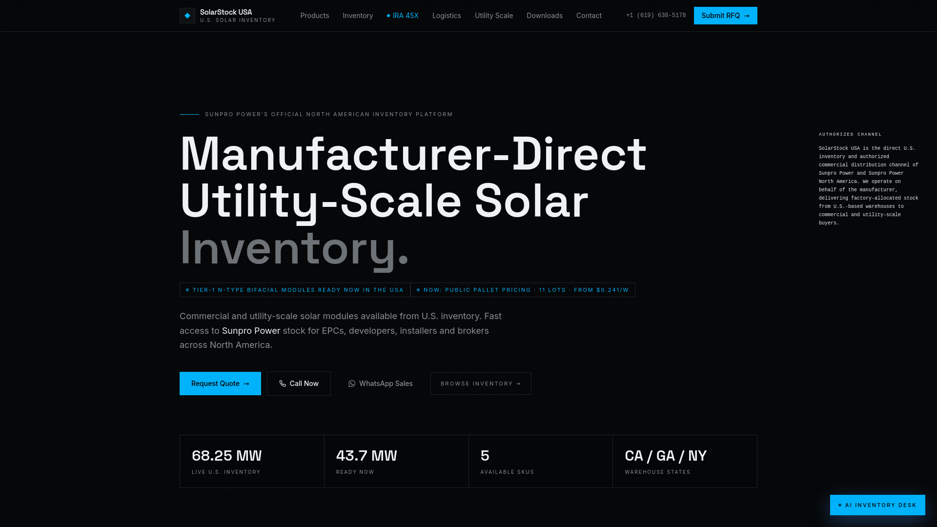 website screenshot of https://solarstockusa.com/