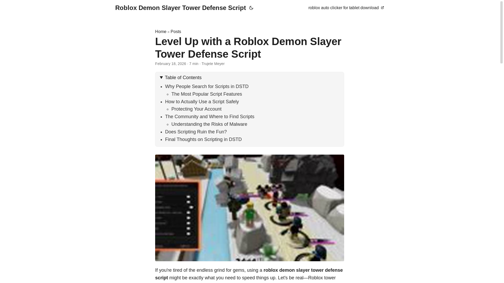 website screenshot of https://roblox-demon-slayer-tower-defense-script.pages.dev/