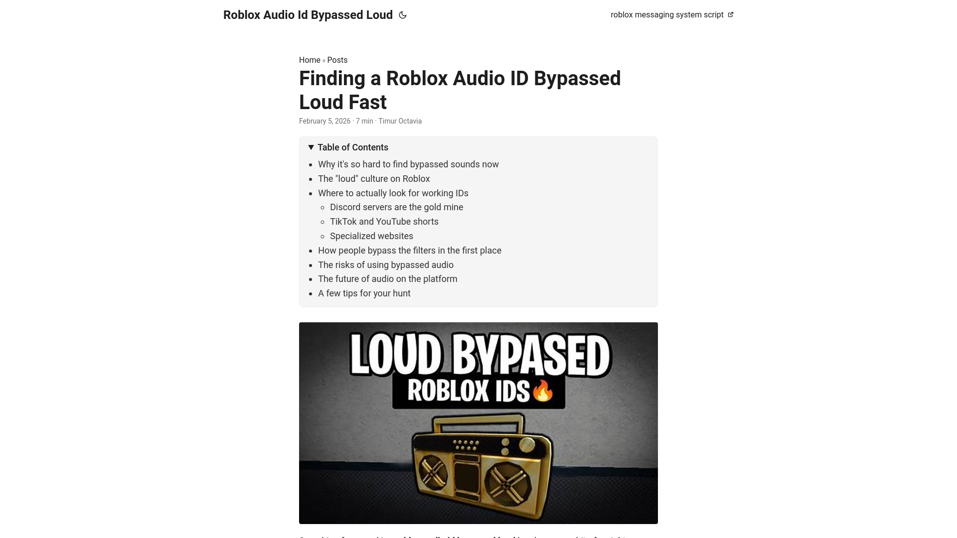 website screenshot of https://roblox-audio-id-bypassed-loud.pages.dev/