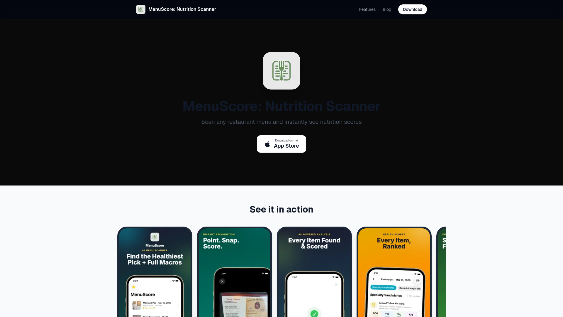 website screenshot of https://getmenuscore.app
