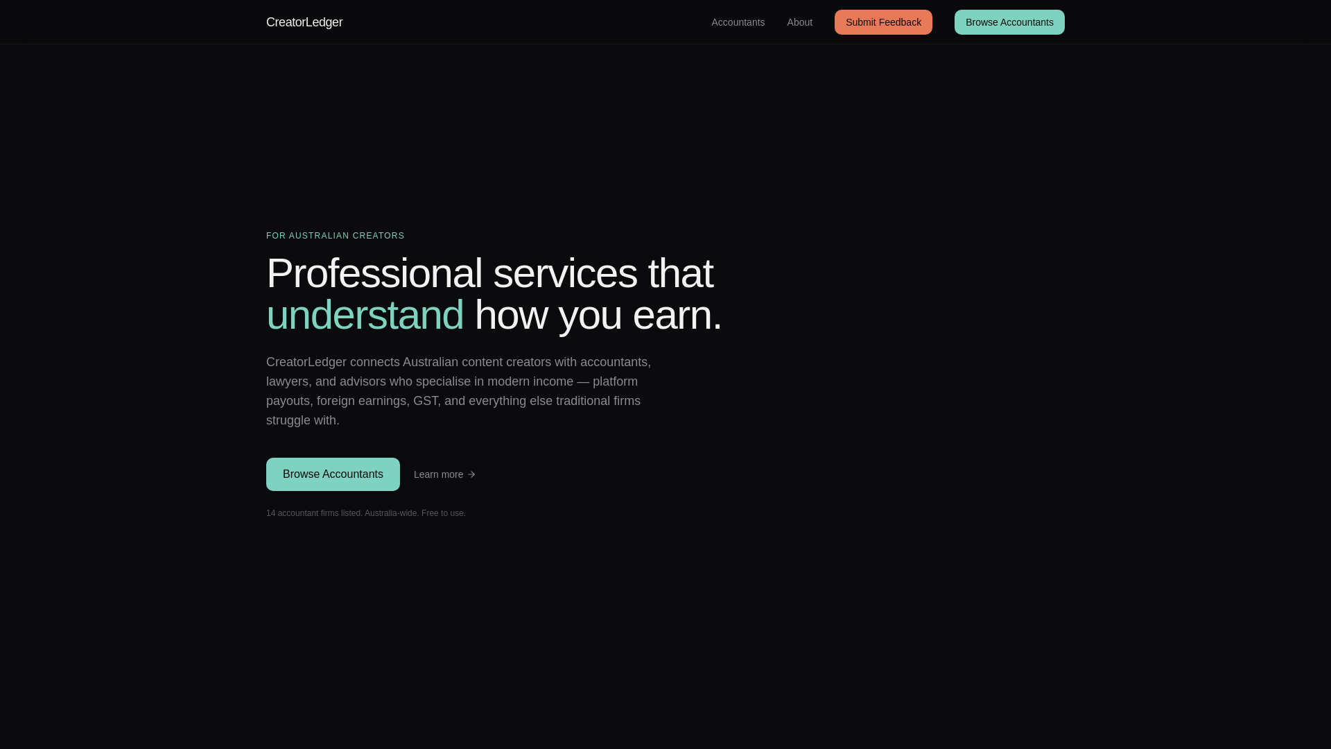 website screenshot of https://creatorledger.com.au/