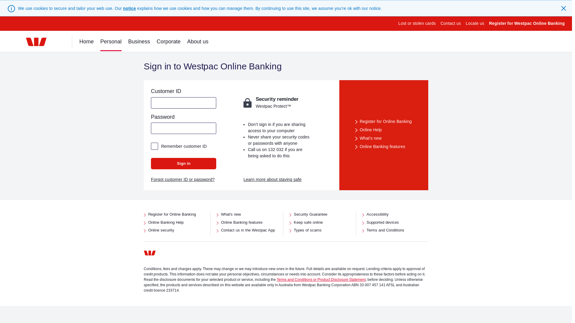 website screenshot of https://banking.westpac.com.au/