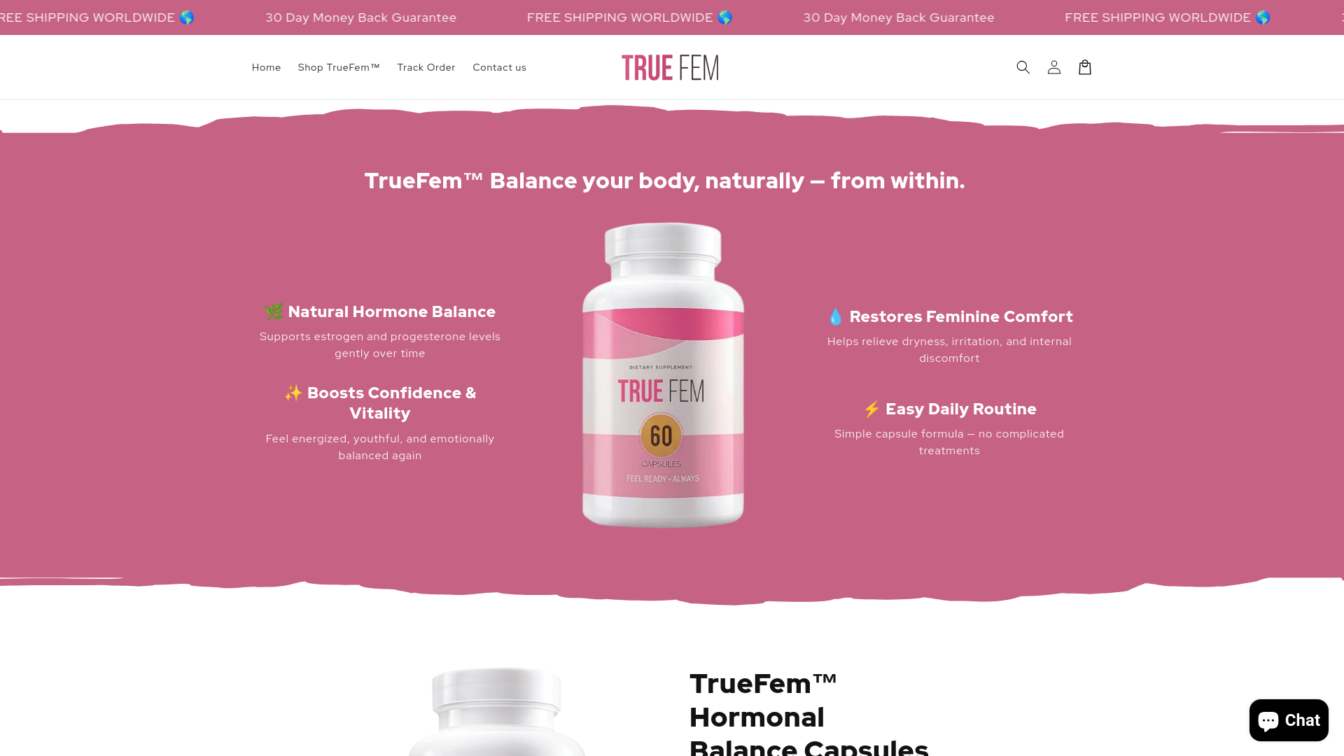 website screenshot of https://trytruefem.co