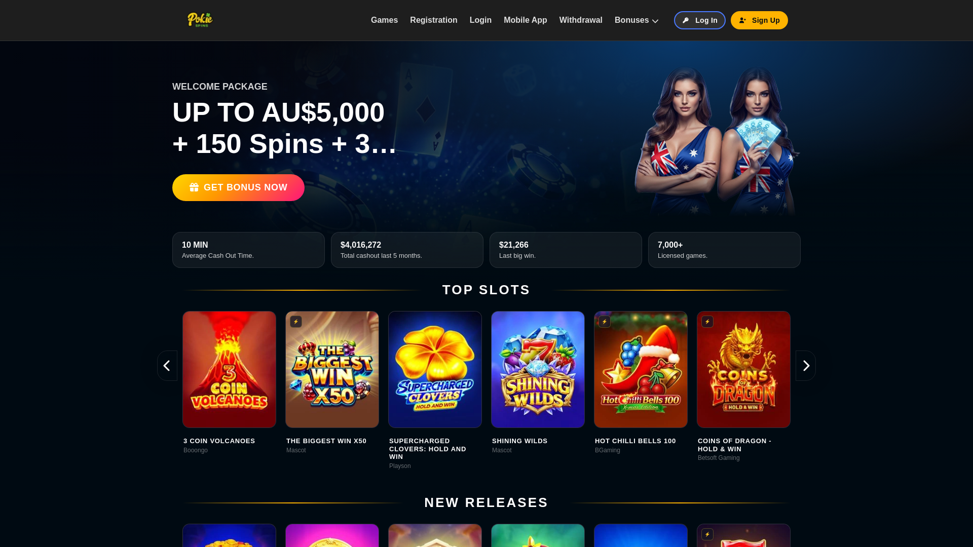 website screenshot of https://pokiespins-casino.org