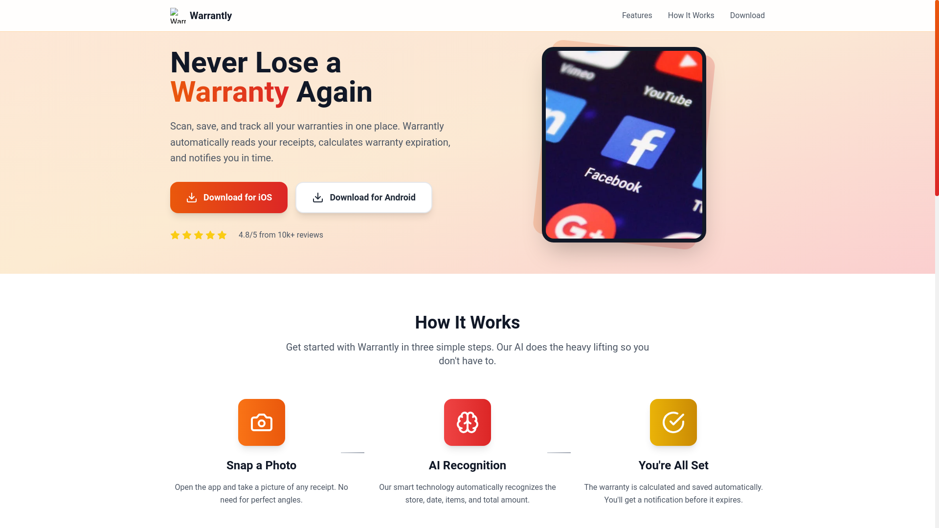 website screenshot of https://warrantly-landing-page.pages.dev/