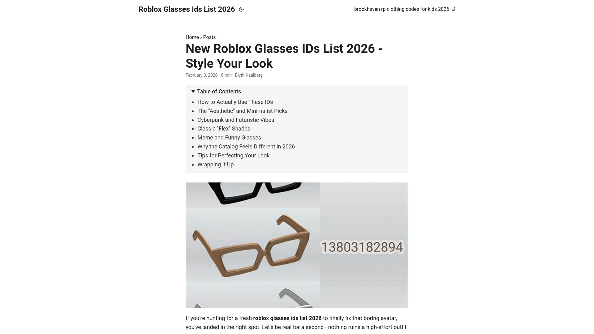 website screenshot of https://roblox-glasses-ids-list-2026.pages.dev/