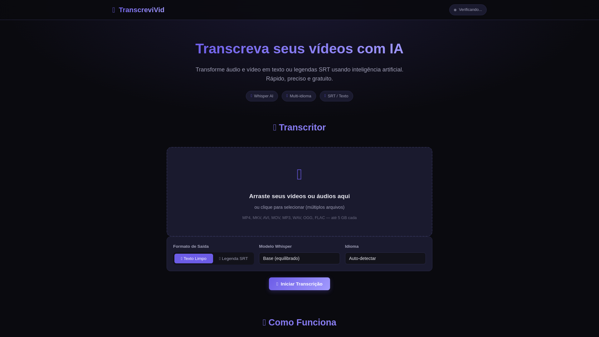website screenshot of https://transcrever-video.pages.dev/