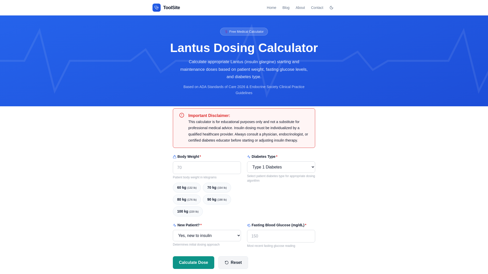 website screenshot of https://lantusdosingcalculator.pages.dev/