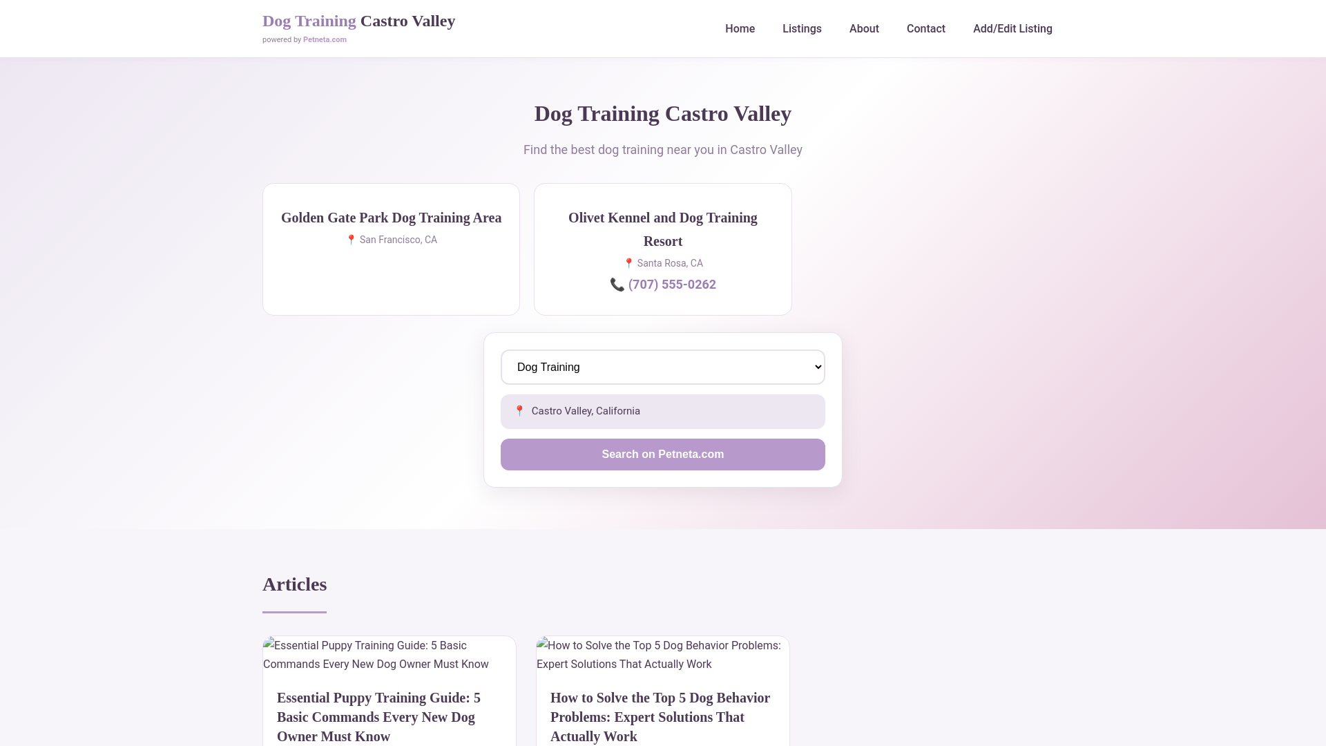website screenshot of https://dogtrainingcastrovalley.com/