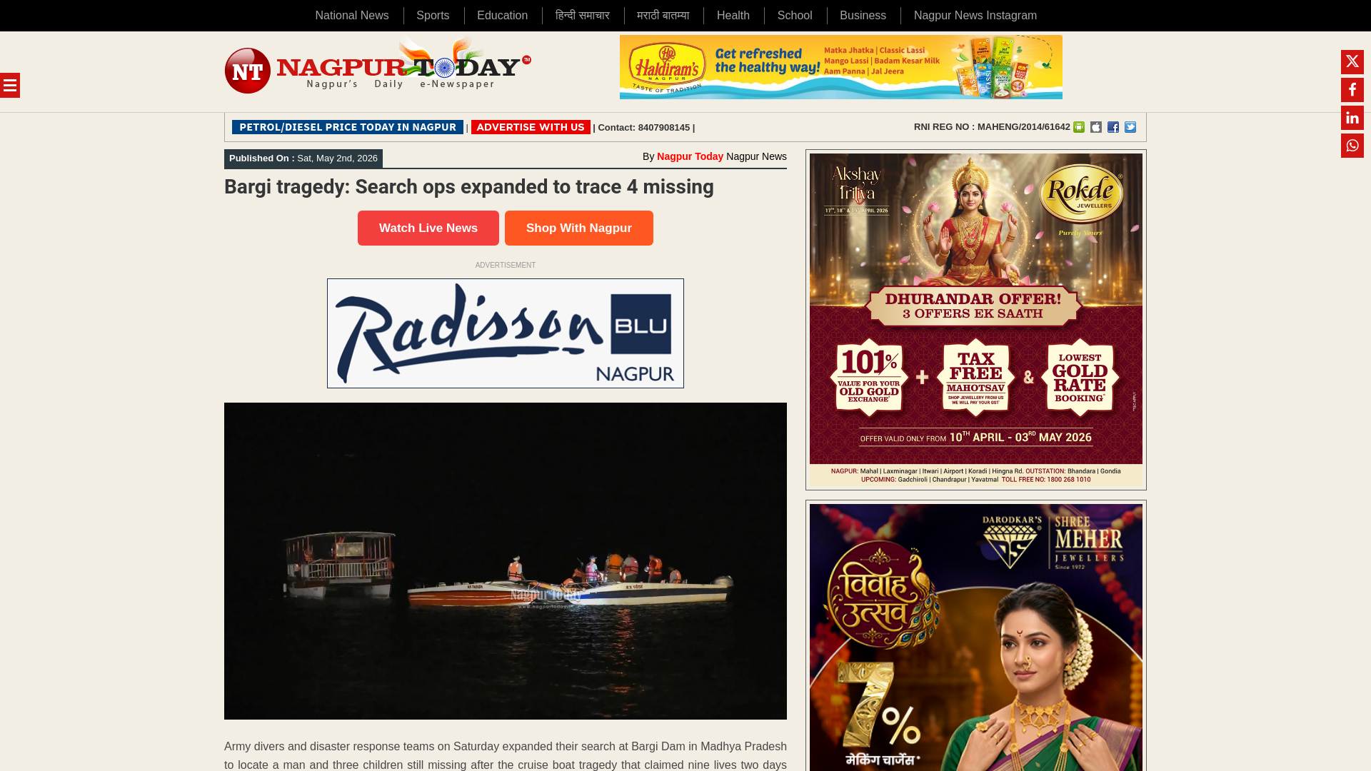 website screenshot of https://www.nagpurtoday.in/bargi-tragedy-search-ops-expanded-to-trace-4-missing/05021143