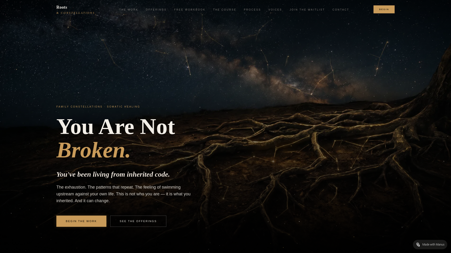 website screenshot of https://rootsandconstellations.com/