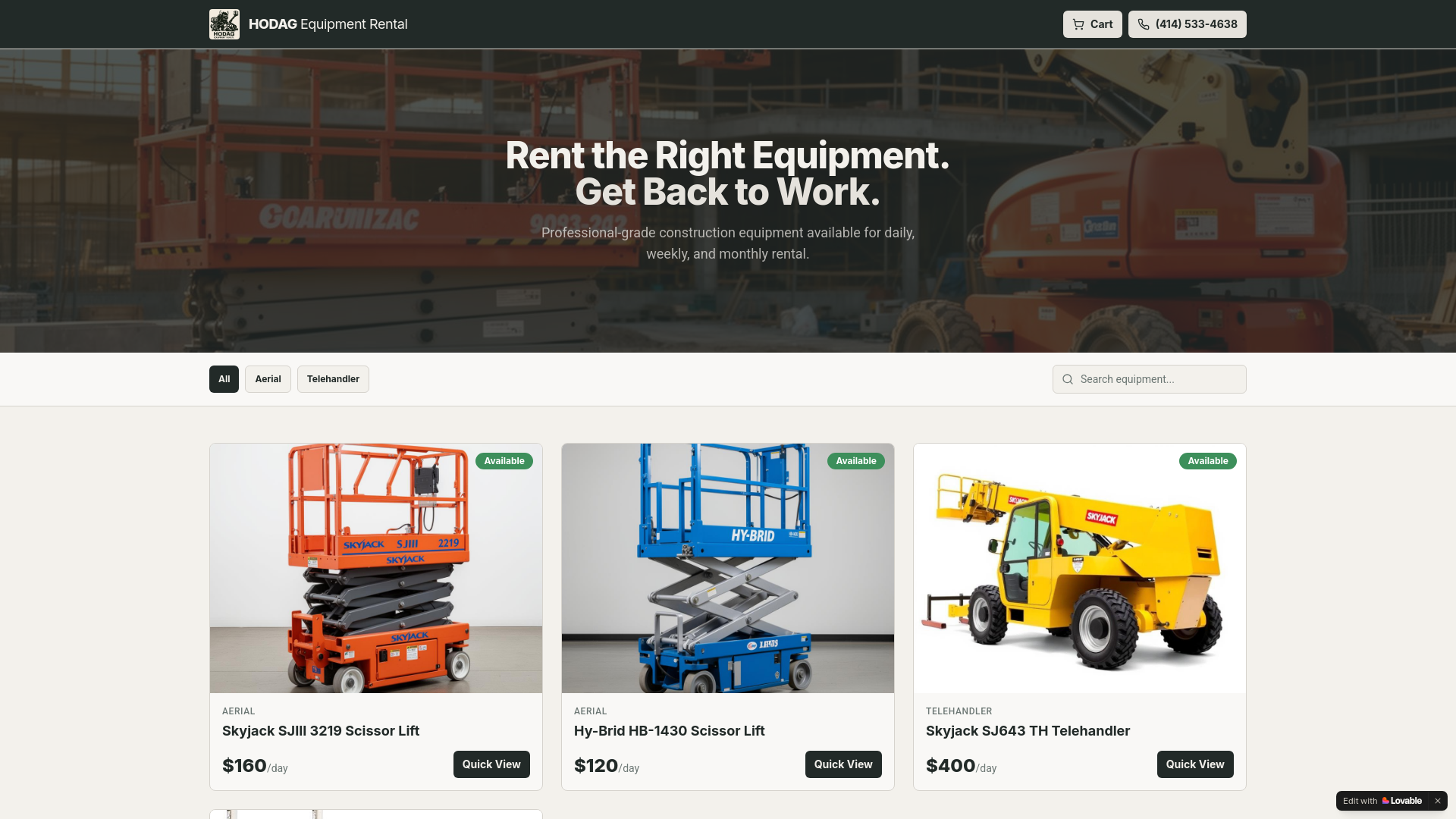 website screenshot of https://hodagequipmentrental.com/