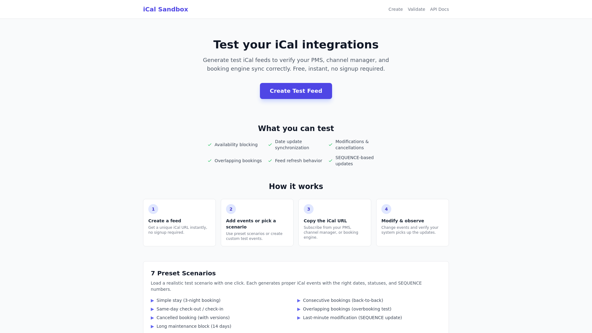 website screenshot of https://icalsandbox.com/