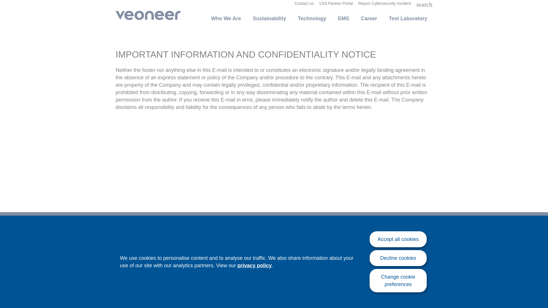 website screenshot of https://www.veoneer.com/en/important-information-and-confidentiality-notice