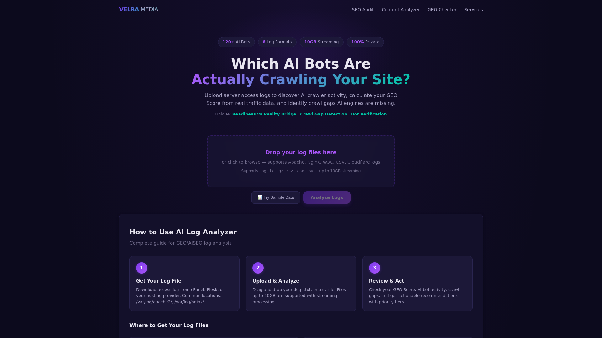 website screenshot of https://velra-log-analyzer.pages.dev/