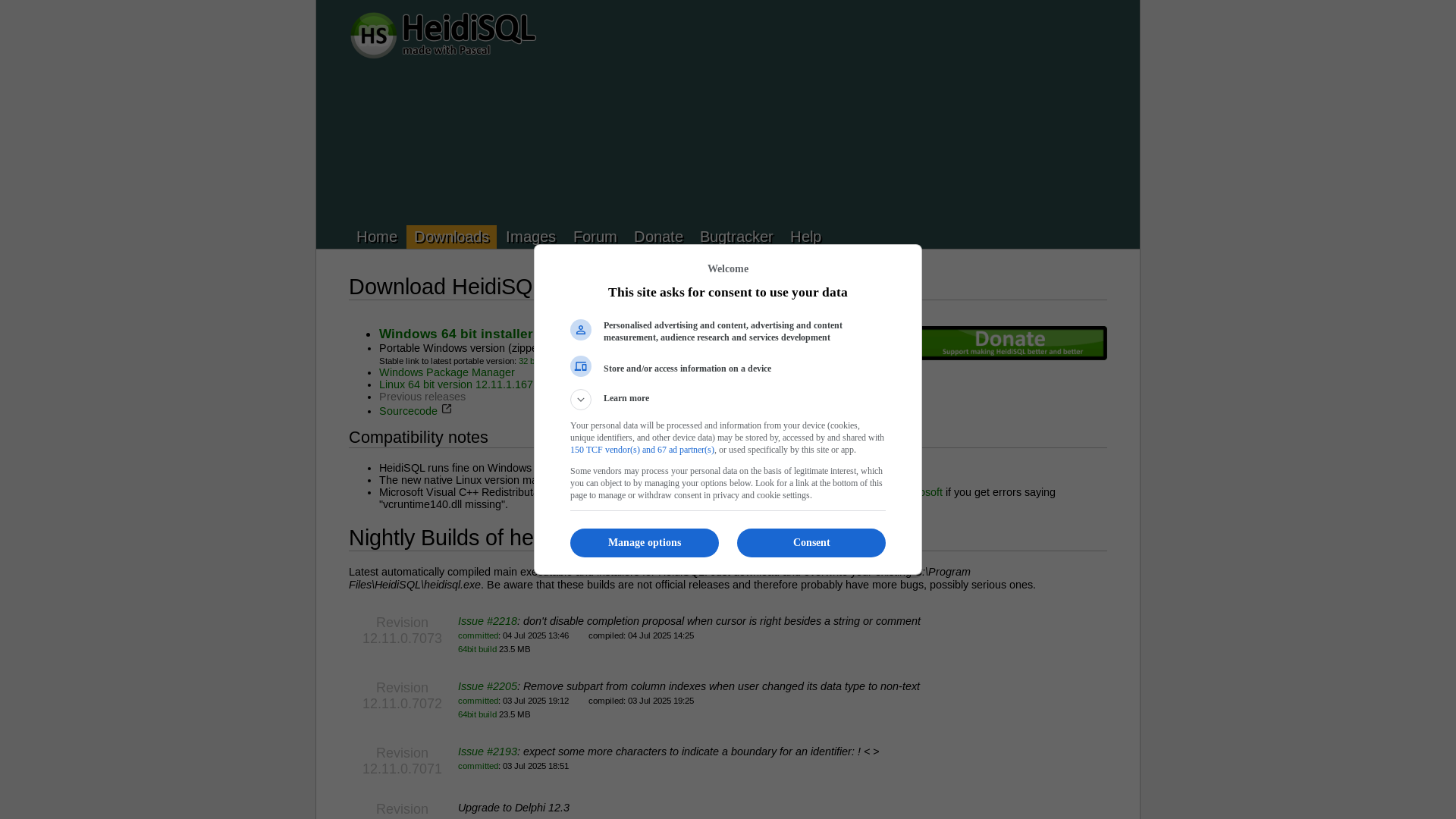 website screenshot of https://www.heidisql.com/download.php
